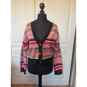 Cropped knit pink and black cardigan sweater